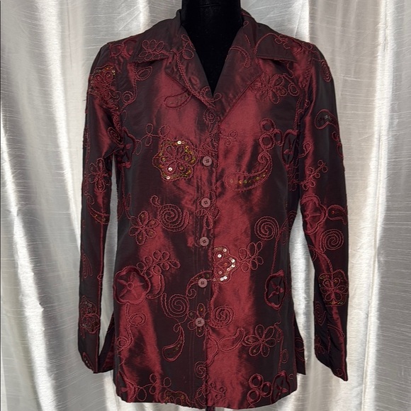 Susan Graver Style Women’s XS  Burgundy Embroidered Sequins Button Up Blazer - Picture 1 of 7